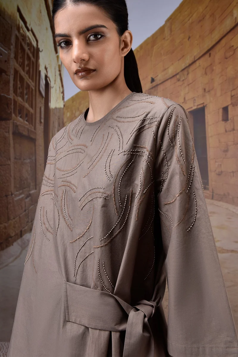 Genes Lecoanet Hemant Warm Beige Giza Cotton Poplin Fit-and-Flare Dress